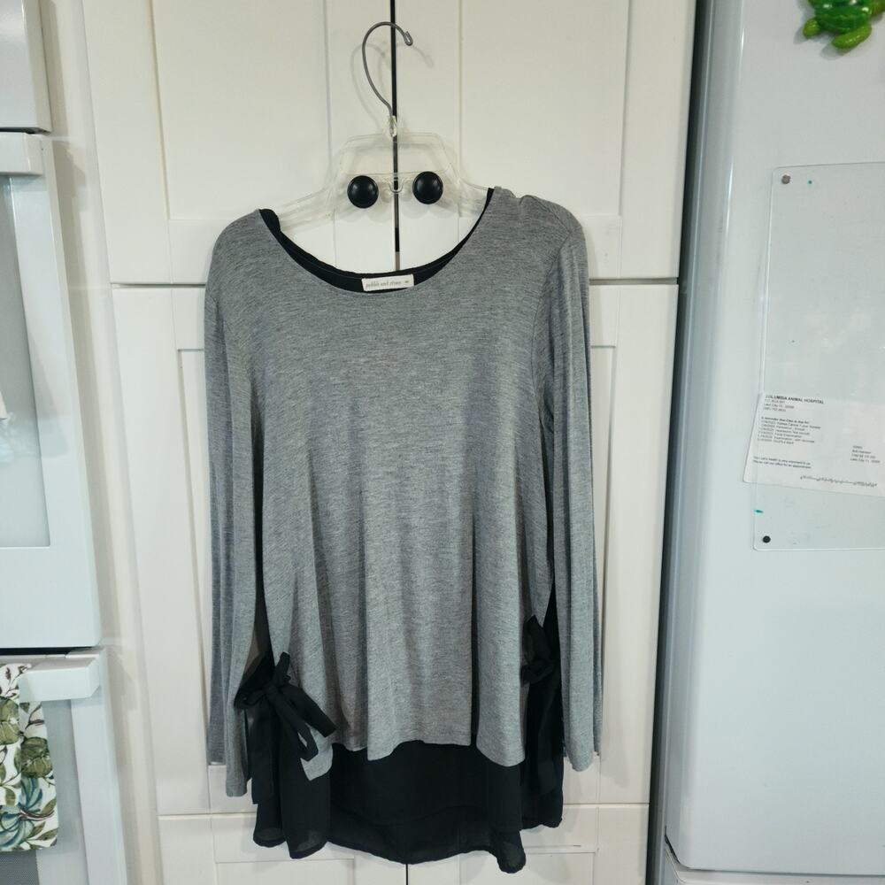 Pebble And Stone Gray Pullon Blouse With Black Ties On Side